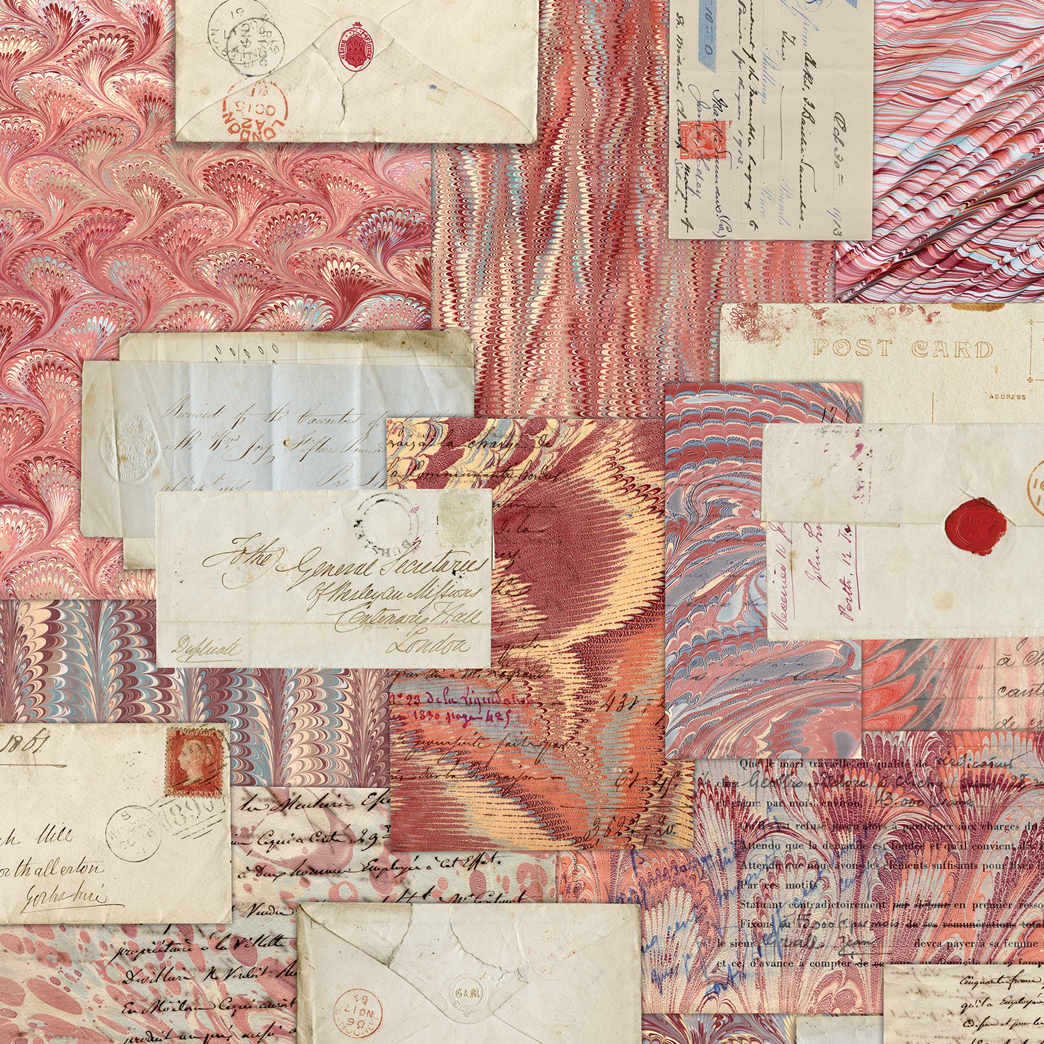 Gift wrap collage of vintage letters and postcards with marbled backgrounds