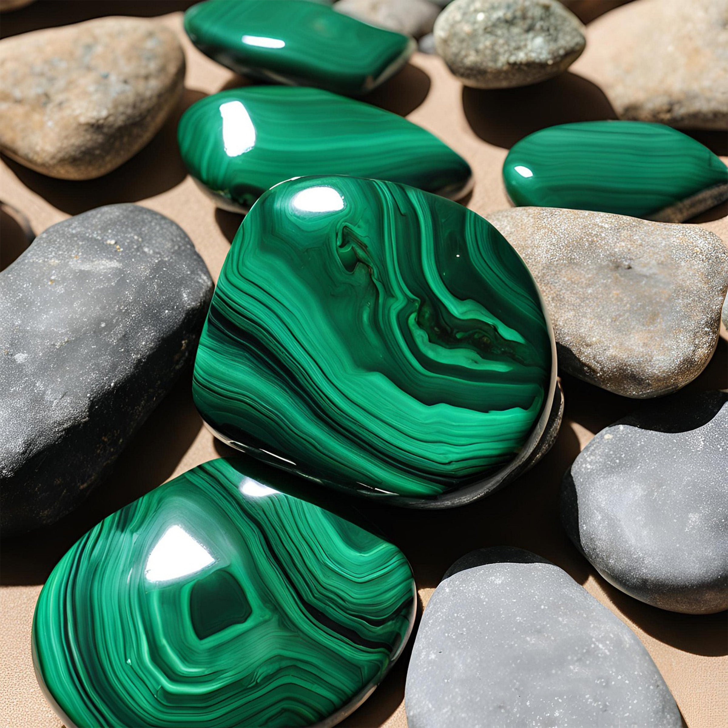 Green malachite stones on a bed of gray and brown stones